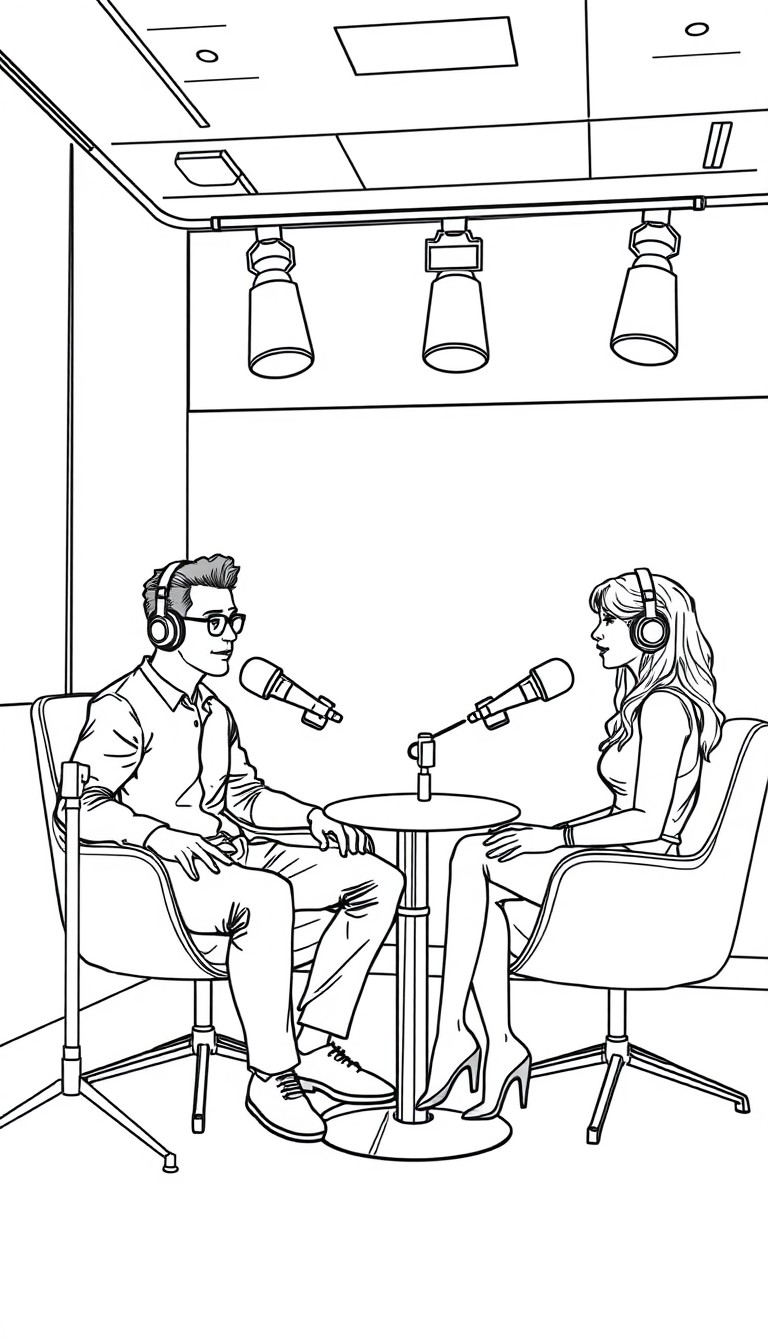 Podcast- " A man and woman are sitting on modern chairs in a well-lit podcast studio, facing straight toward the camera. Both are wearning sleek headphones and speaking into professional microphones p