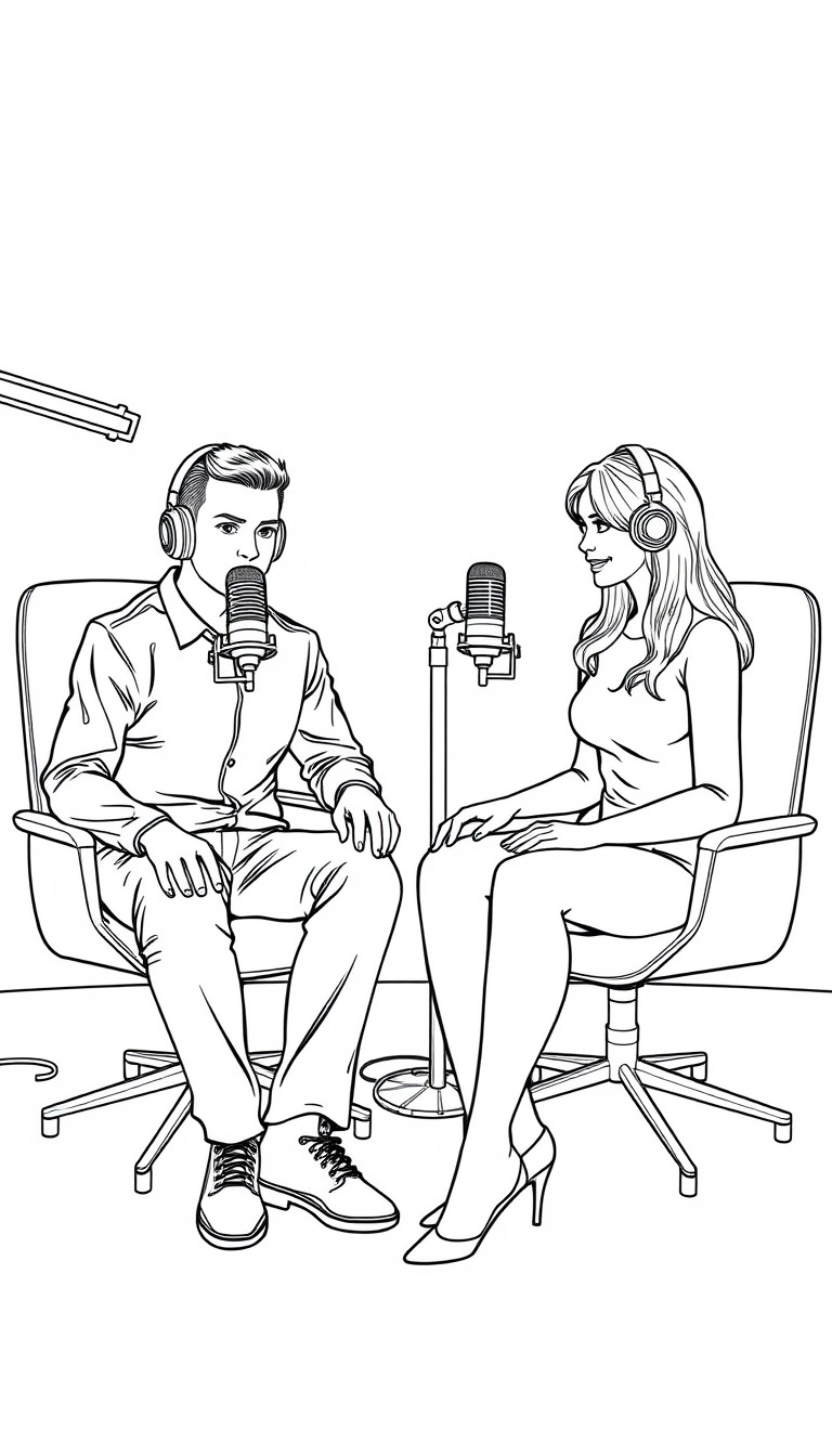 Podcast- " A man and woman are sitting on modern chairs in a well-lit podcast studio, facing straight toward the camera. Both are wearning sleek headphones and speaking into professional microphones p