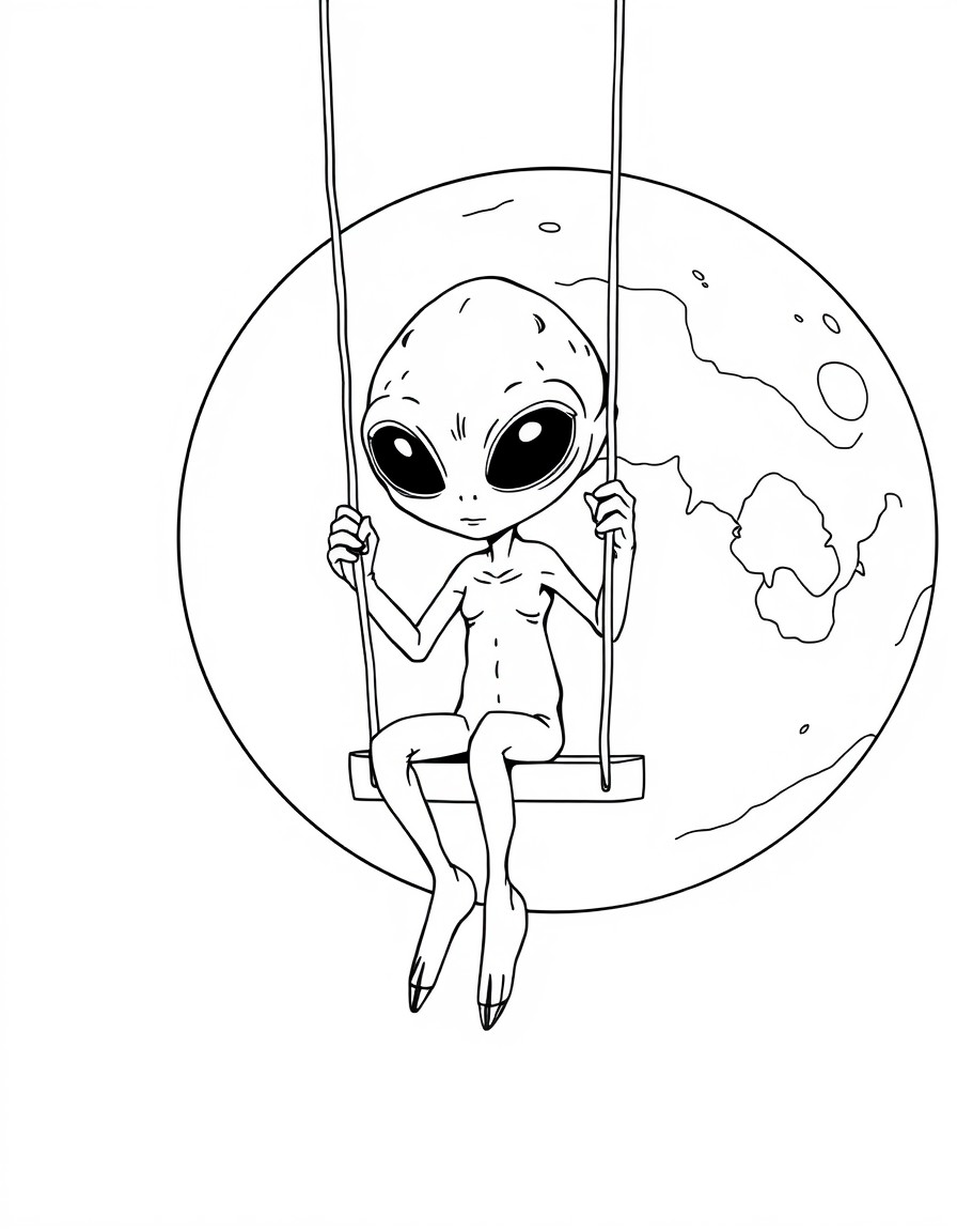 Alien on a swing hanging from the moon