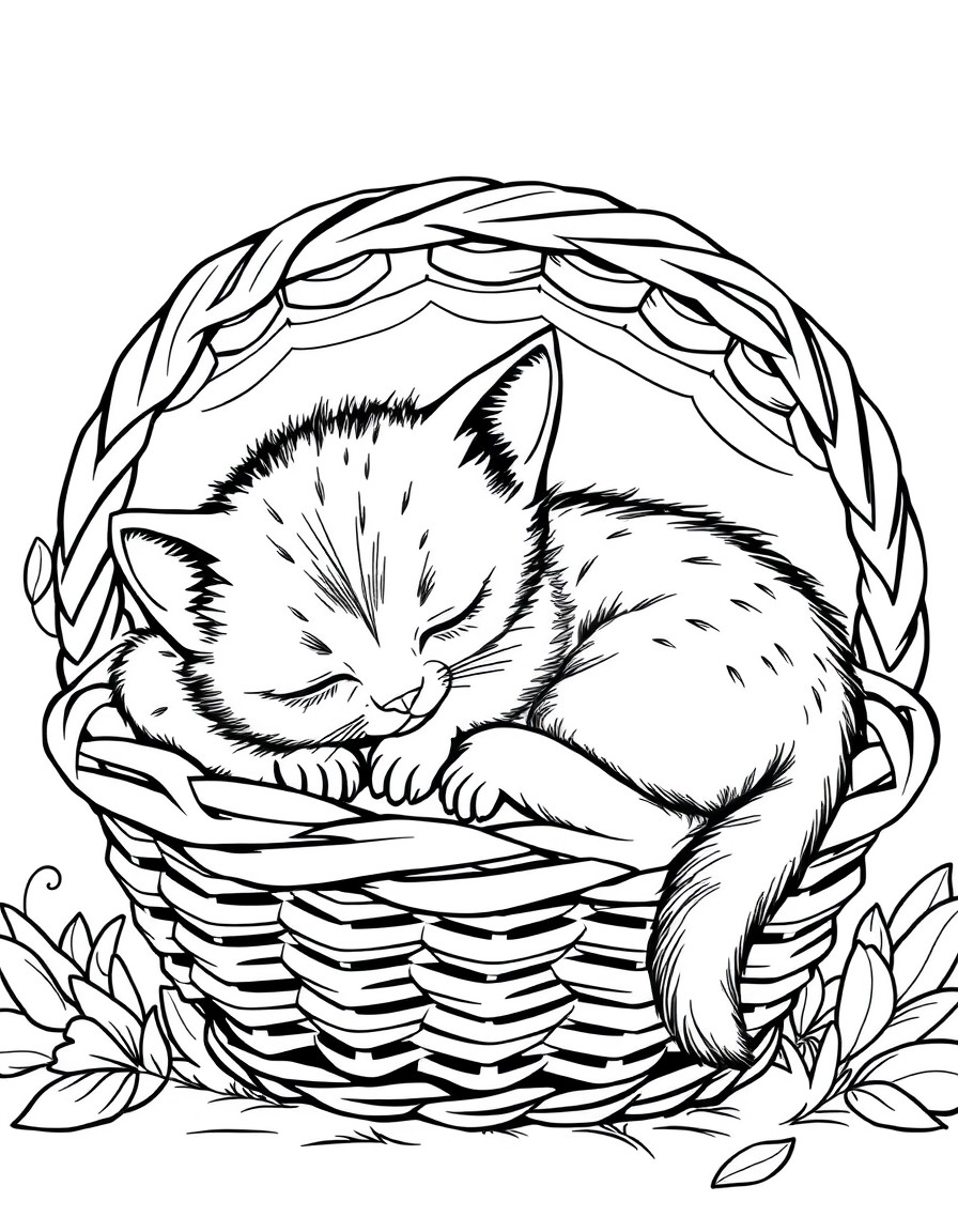 Cute kitten sleeping with mother cat in basket