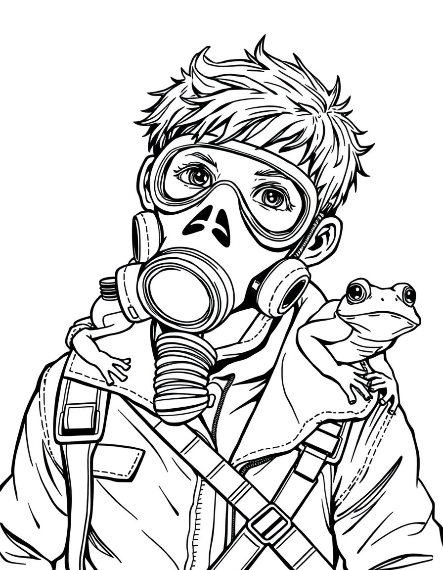 a boy with a gasmask, skin jacket and a frog on a shoulder