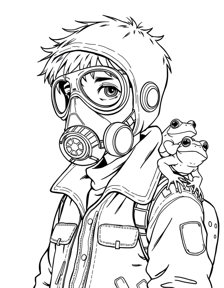 a boy with a gasmask, skin jacket and a frog on a shoulder