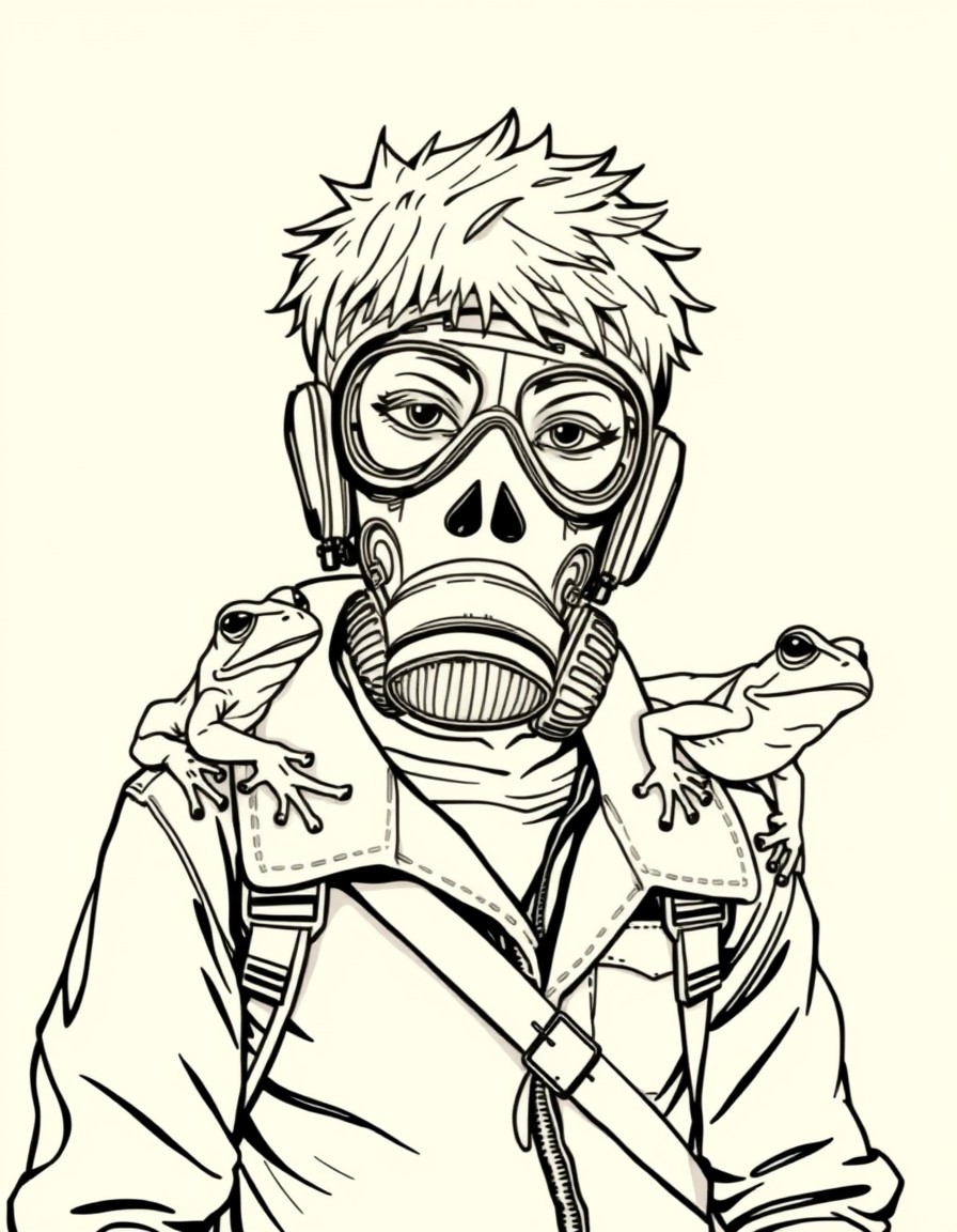 a boy with a gasmask, skin jacket and a frog on a shoulder