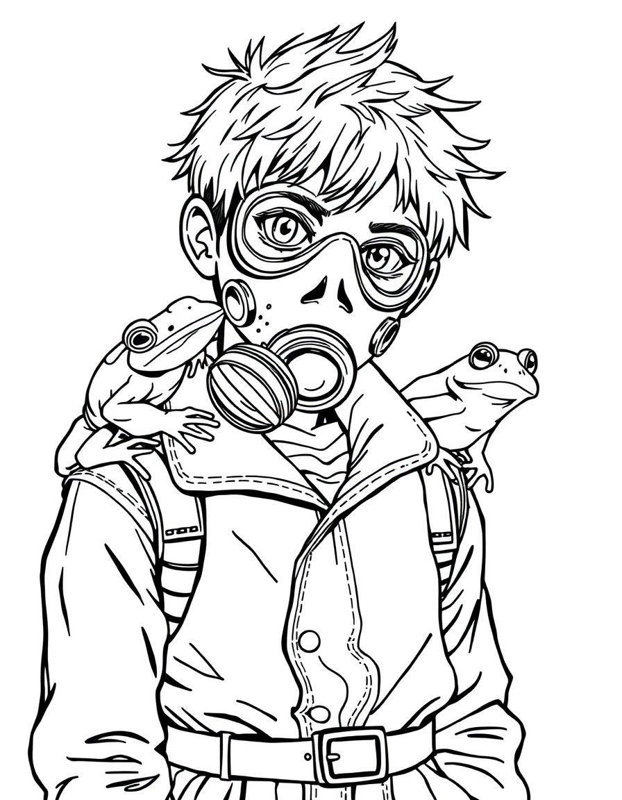 a boy with a gasmask, skin jacket and a frog on a shoulder