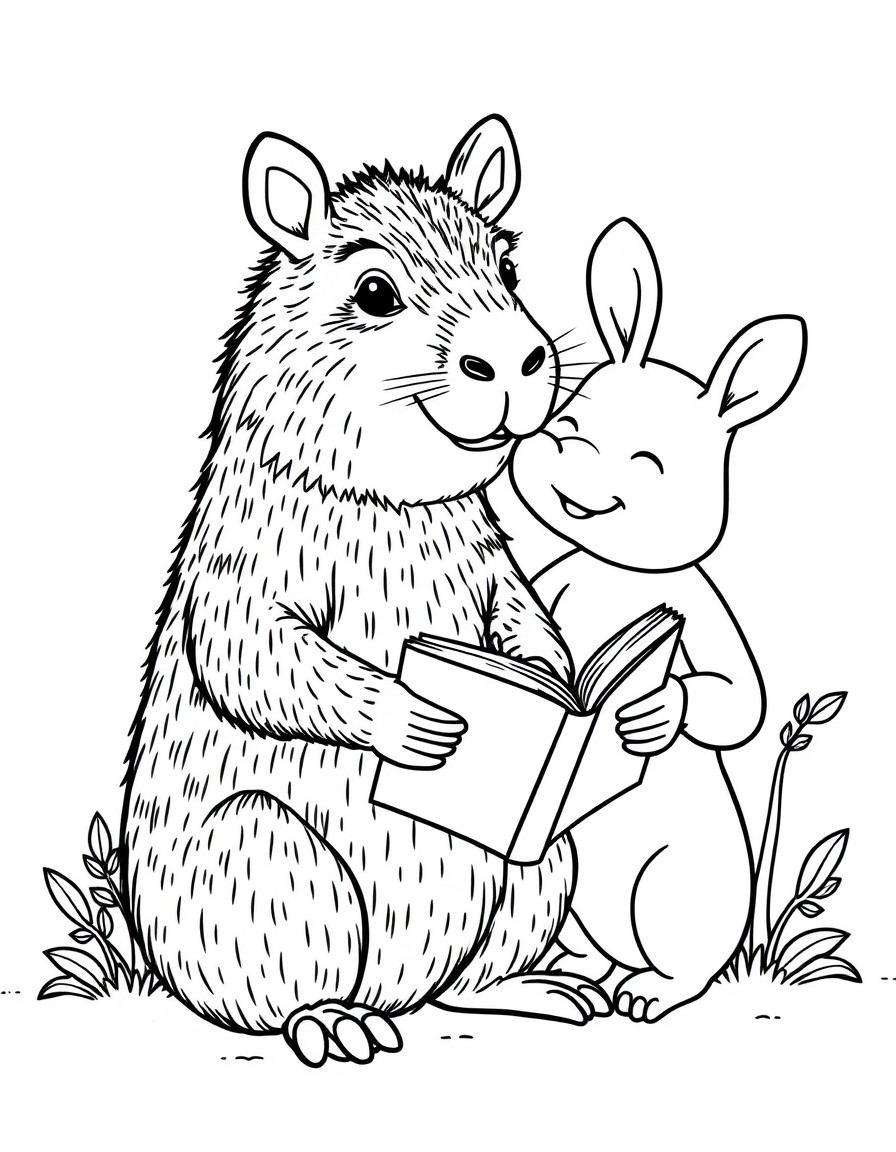 haz un capibara beb tierno que lee libros con sus amigos
