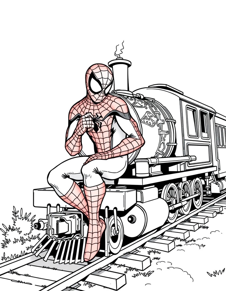 Spiderman doing some lace work sitting on top of an old train