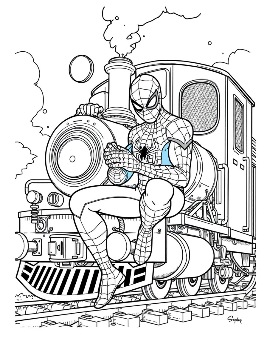 Spiderman doing some lace work sitting on top of an old train