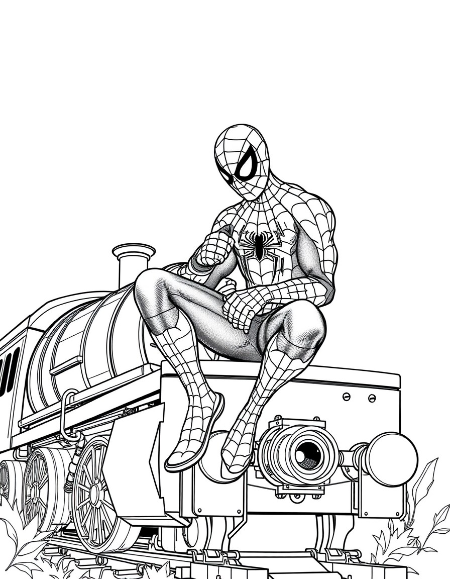 Spiderman doing some lace work sitting on top of an old train