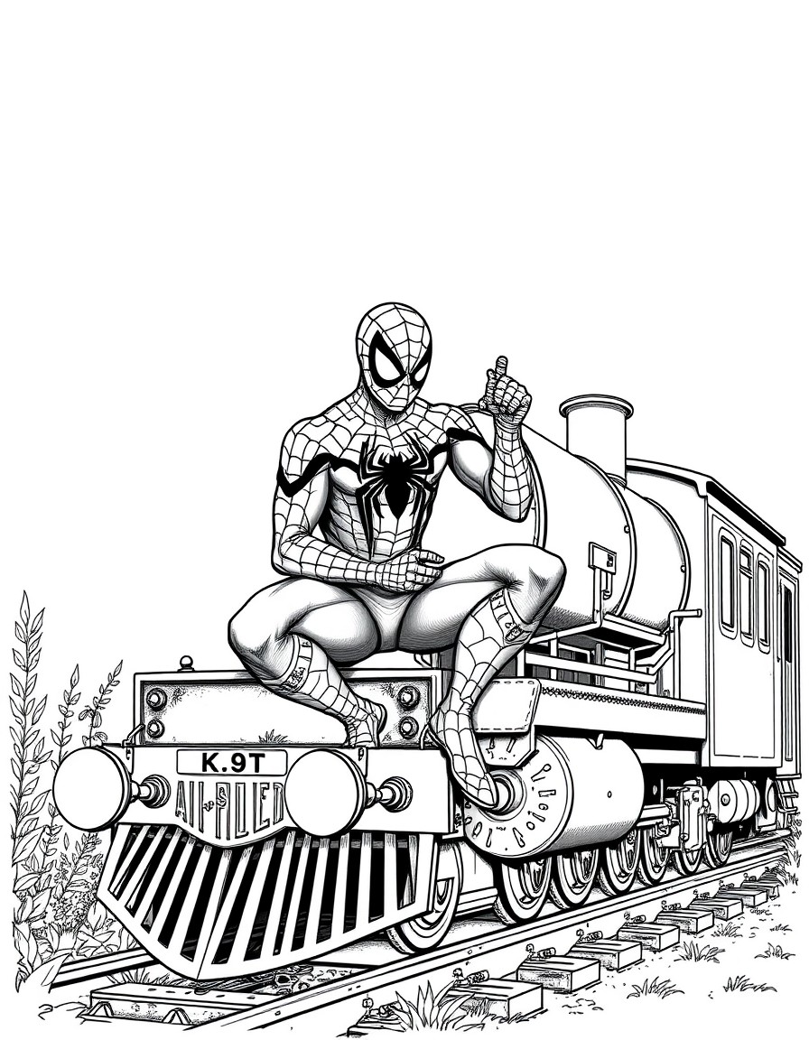 Spiderman doing some lace work sitting on top of an old train