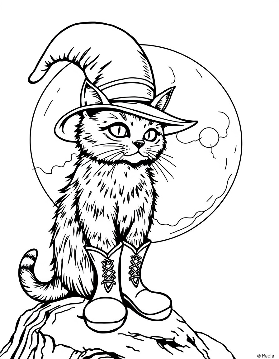 cat in boots with a giant hat on the moon