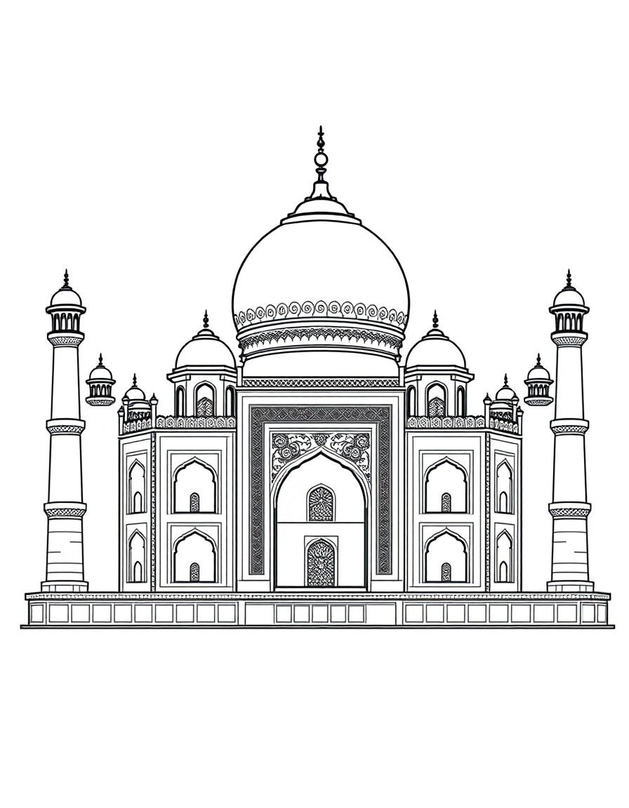 "Black and white line art illustration of the Taj Mahal, front view, highly detailed with intricate architectural patterns, domes, arches, and minarets. No shading, no color, only clean bold outlines