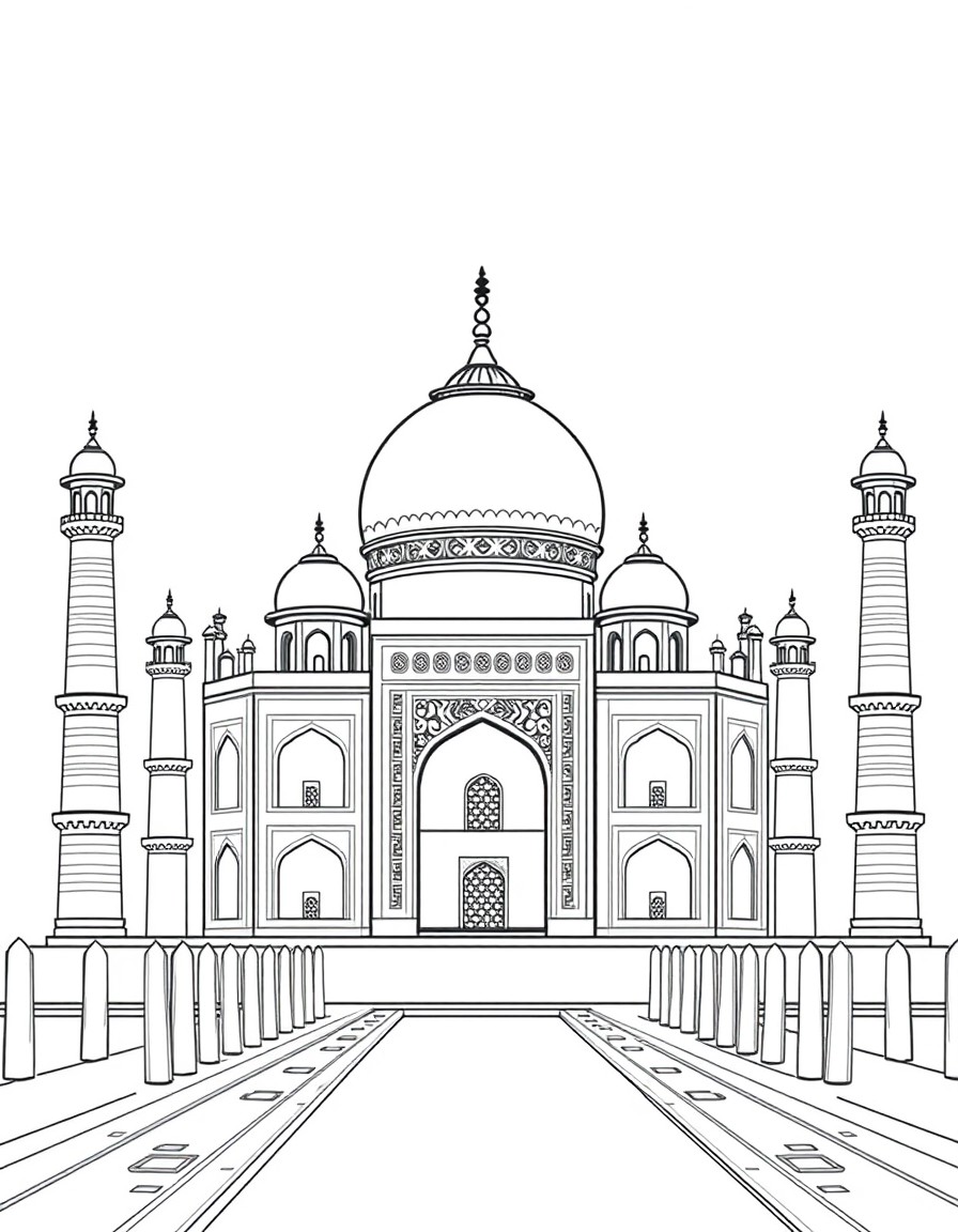 "Black and white line art illustration of the Taj Mahal, front view, highly detailed with intricate architectural patterns, domes, arches, and minarets. No shading, no color, only clean bold outlines