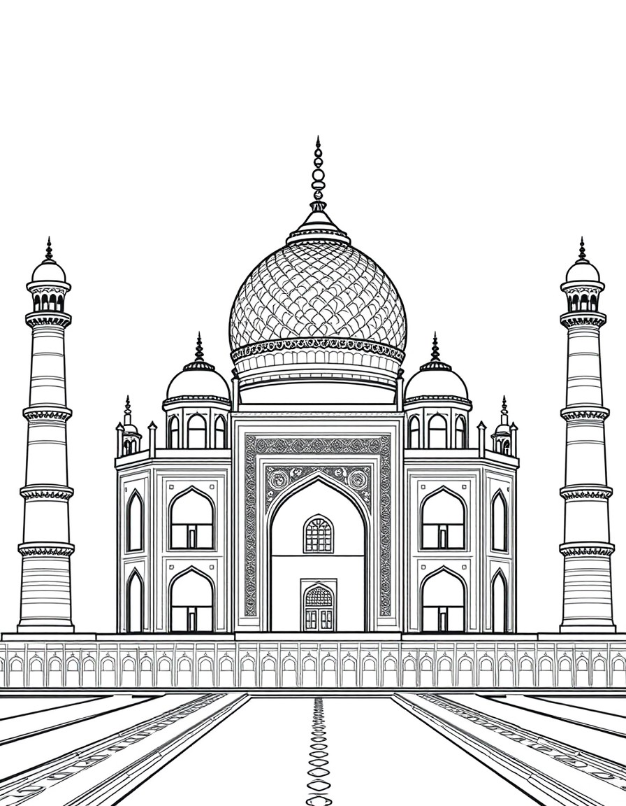 "Black and white line art illustration of the Taj Mahal, front view, highly detailed with intricate architectural patterns, domes, arches, and minarets. No shading, no color, only clean bold outlines
