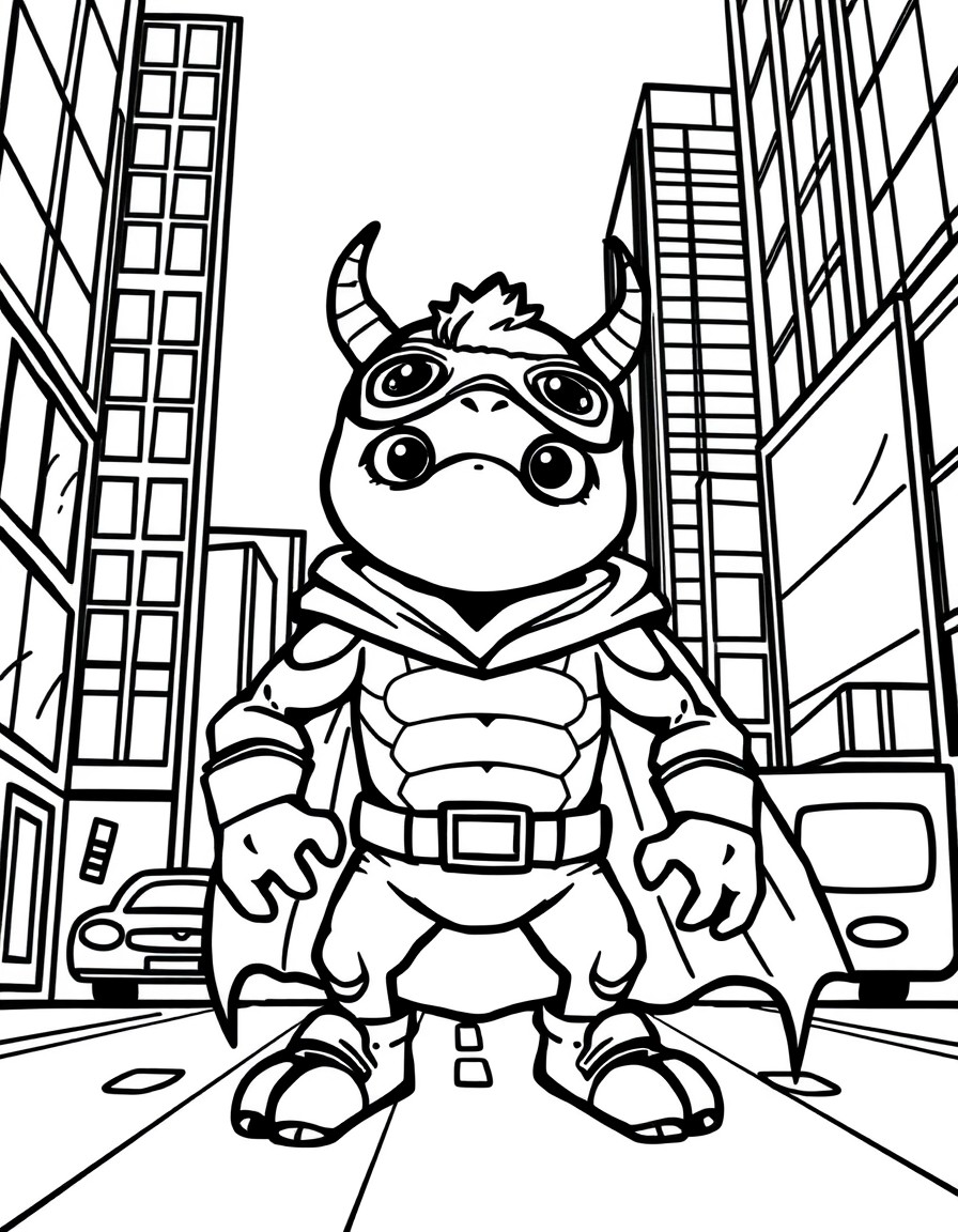 cute tiny superhero monster in a city