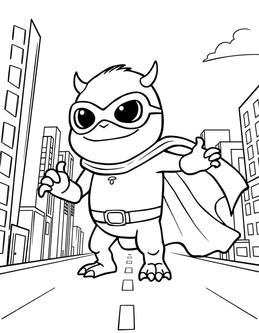 cute tiny superhero monster in a city