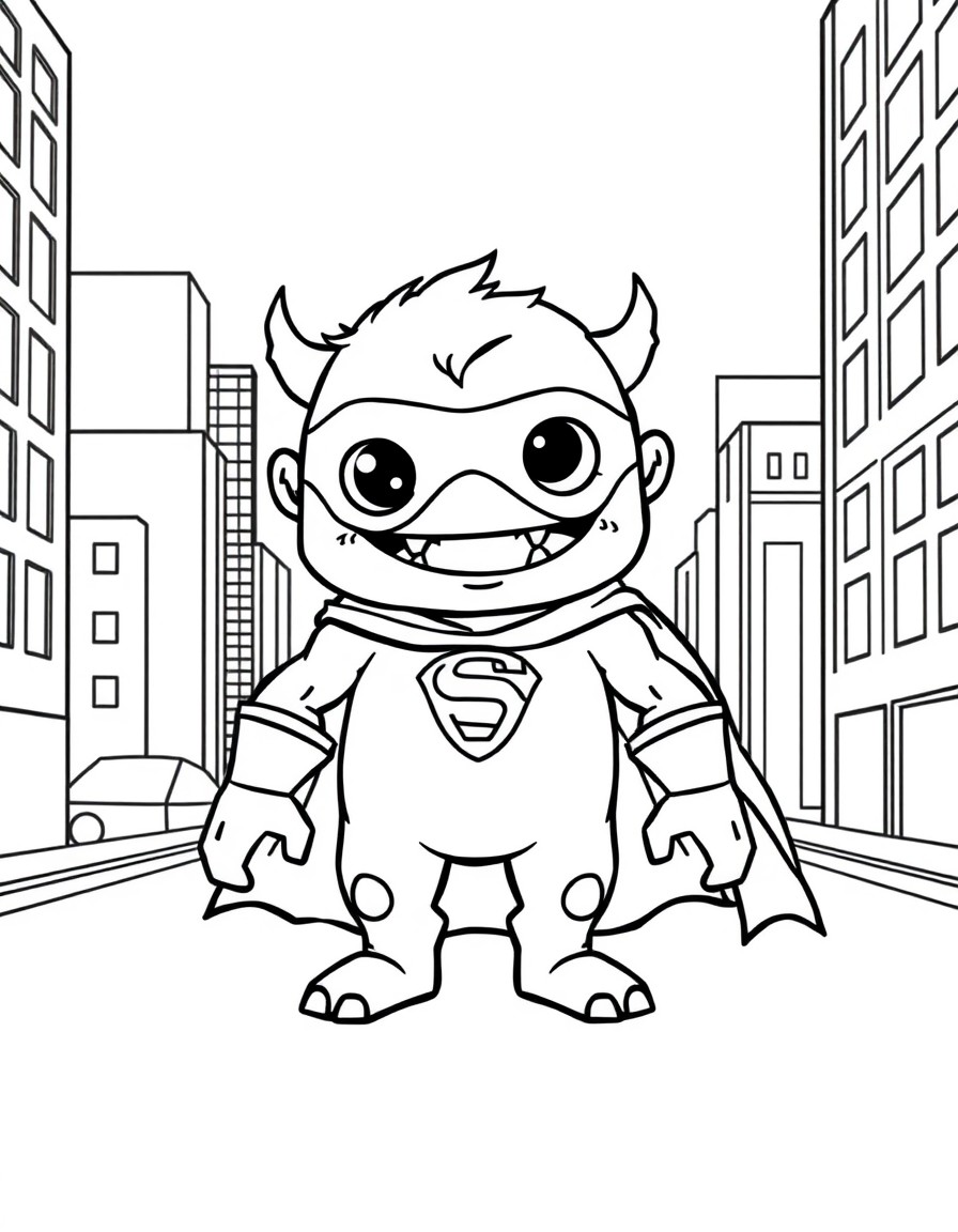 cute tiny superhero monster in a city