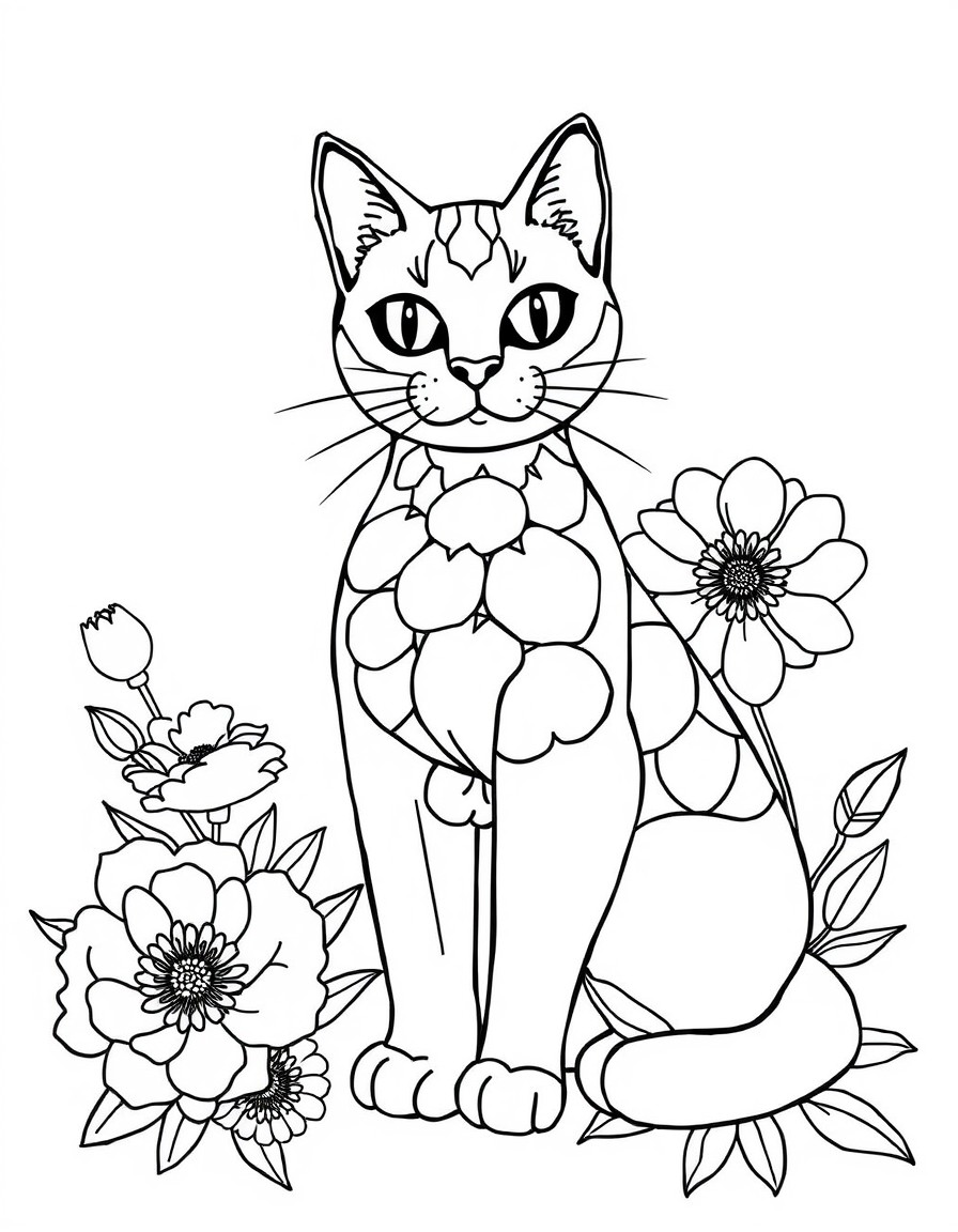 Create a coloring page with good detailing of objects, where there will be a cat made of different objects, and near it there will be many large flowers, such as peonies