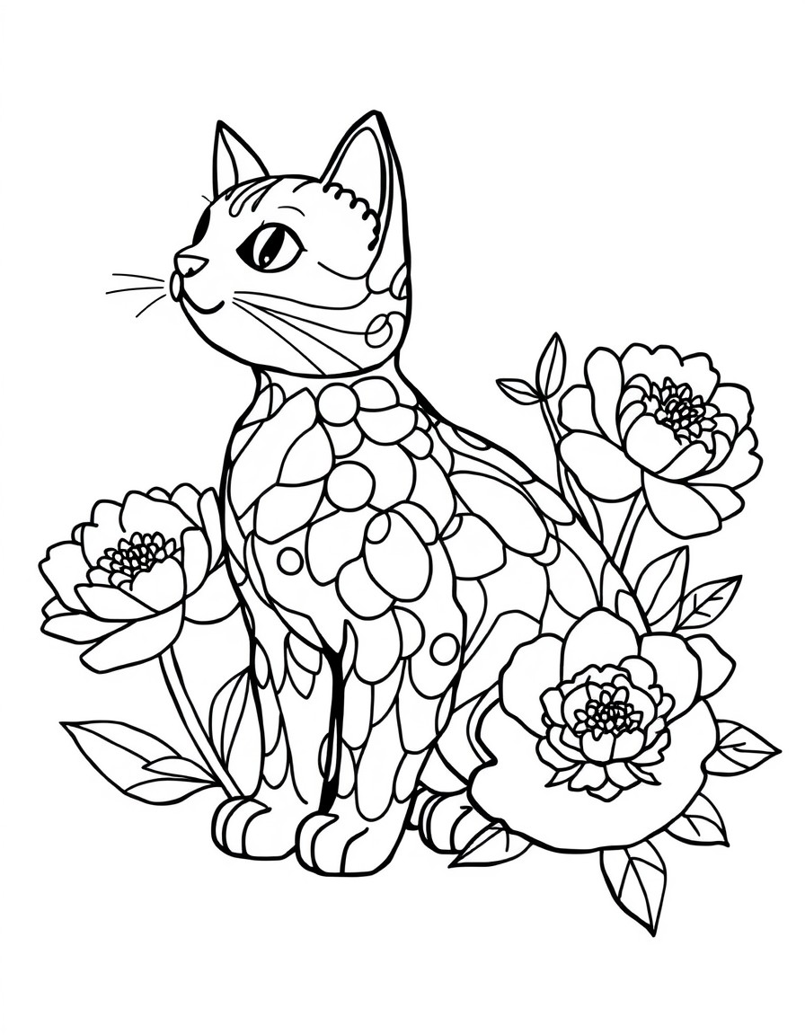 Create a coloring page with good detailing of objects, where there will be a cat made of different objects, and near it there will be many large flowers, such as peonies