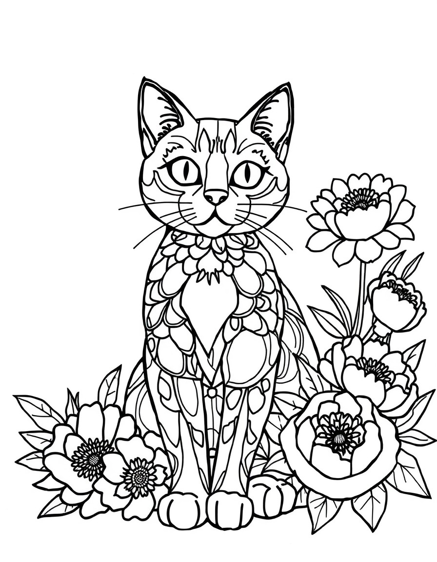 Create a coloring page with good detailing of objects, where there will be a cat made of different objects, and near it there will be many large flowers, such as peonies