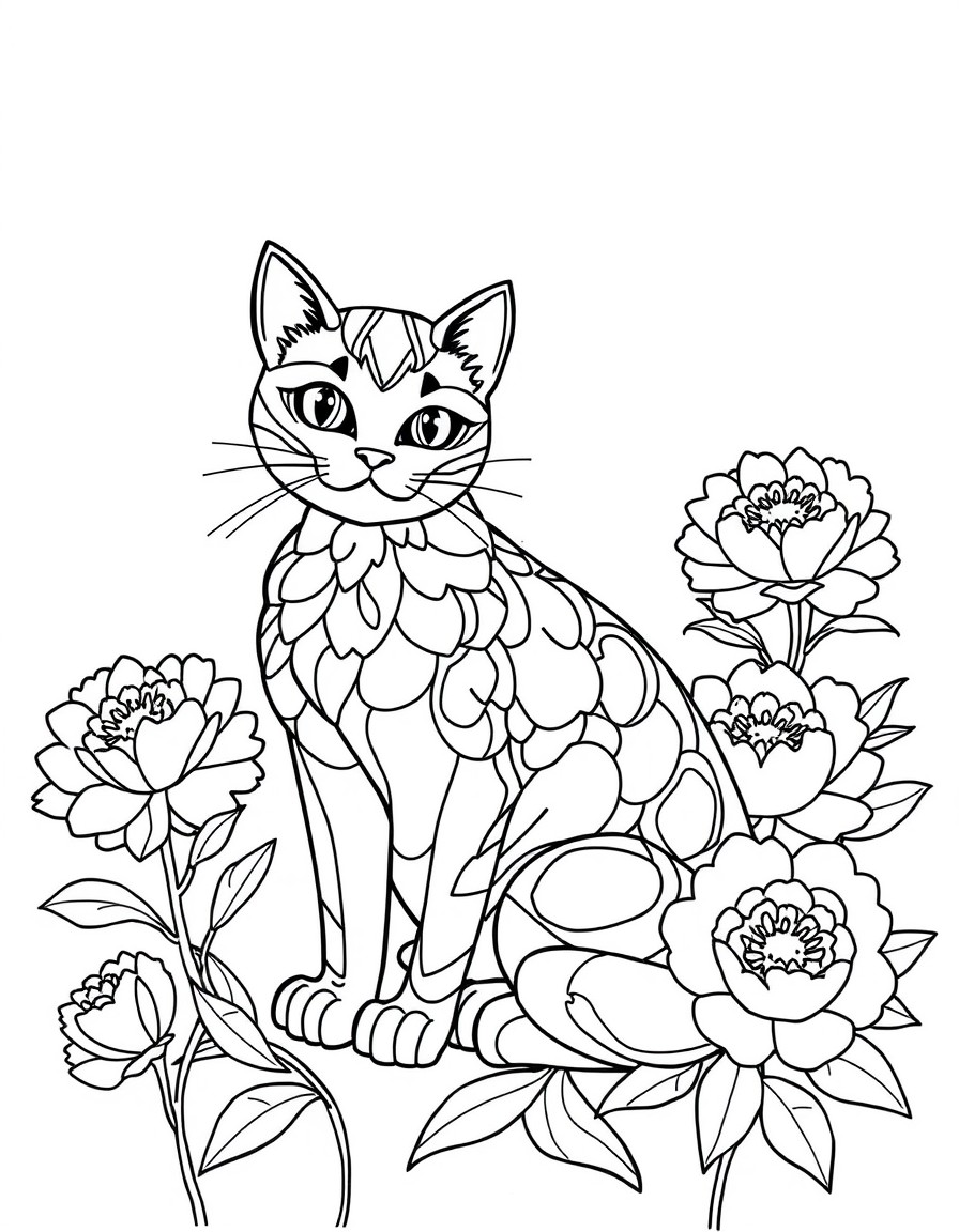 Create a coloring page with good detailing of objects, where there will be a cat made of different objects, and near it there will be many large flowers, such as peonies