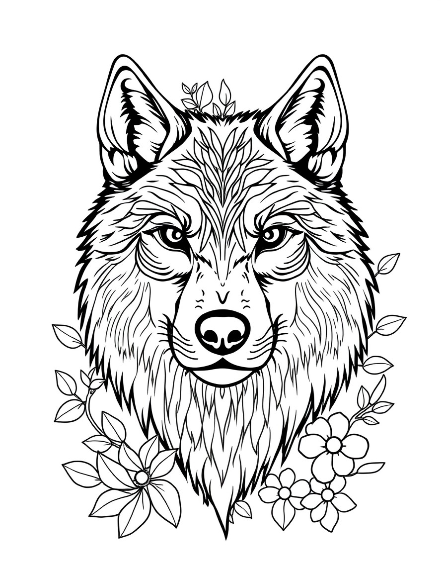 Create a coloring page with a wolf face, its fur will be made up of many small details, and its background will have leaves and flowers