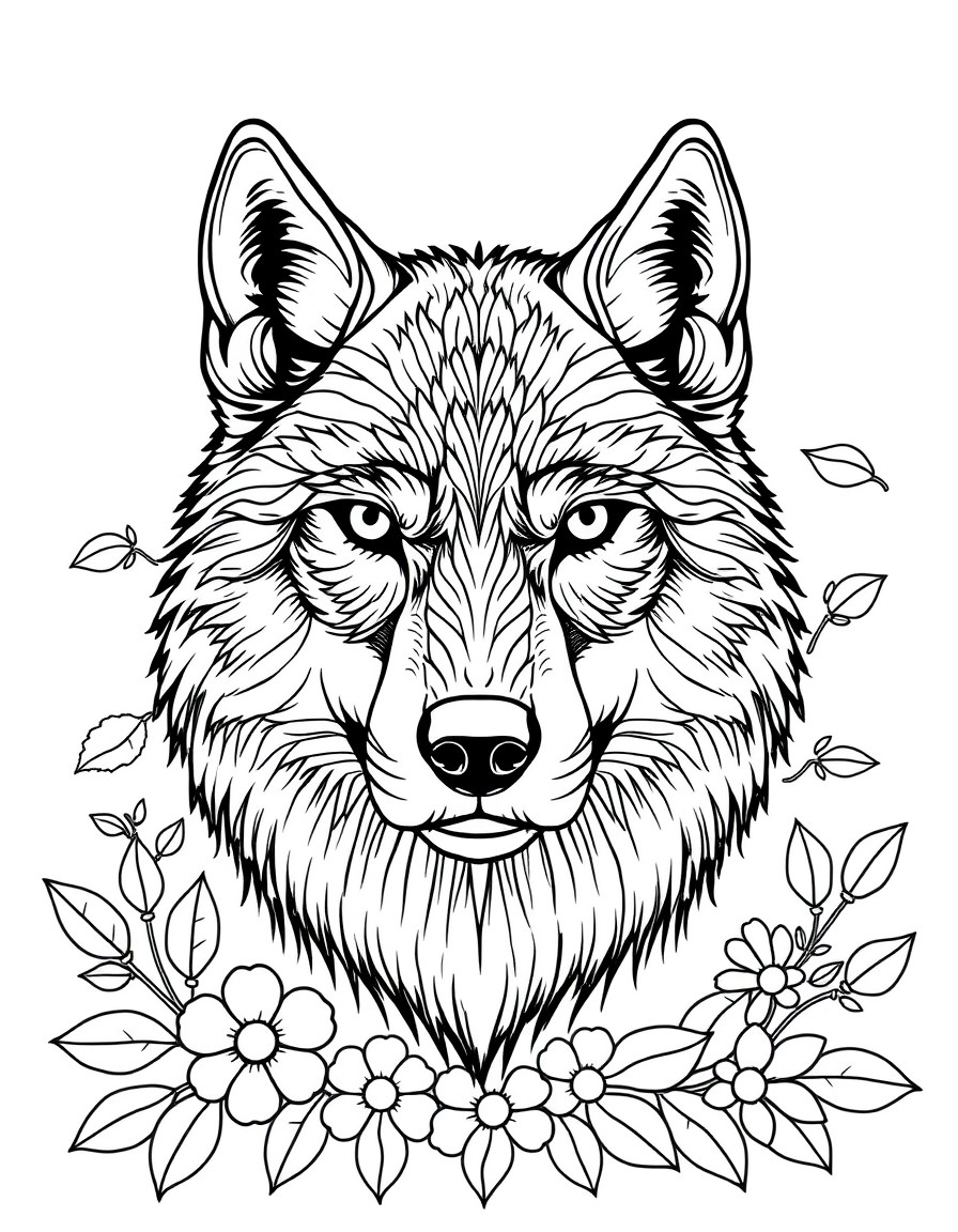 Create a coloring page with a wolf face, its fur will be made up of many small details, and its background will have leaves and flowers