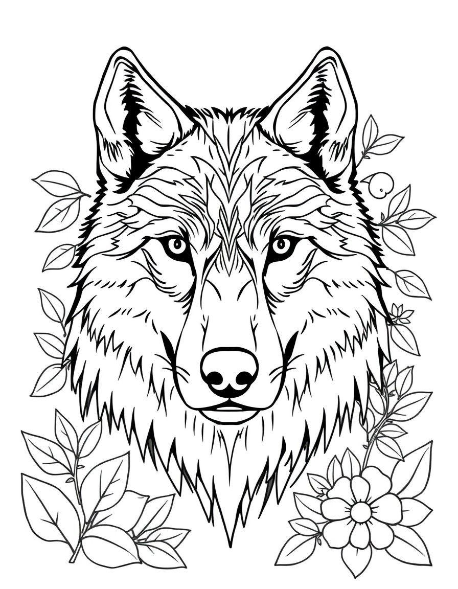 Create a coloring page with a wolf face, its fur will be made up of many small details, and its background will have leaves and flowers