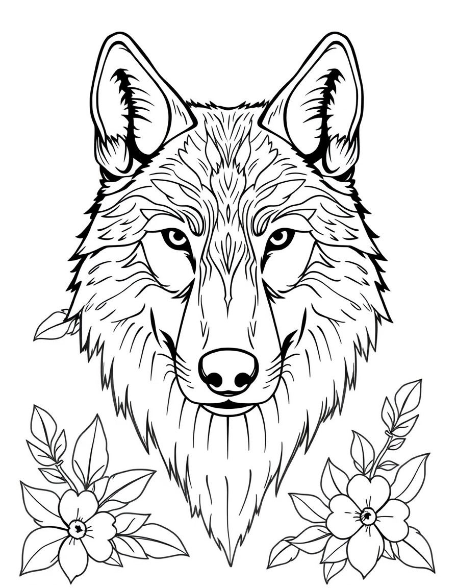 Create a coloring page with a wolf face, its fur will be made up of many small details, and its background will have leaves and flowers