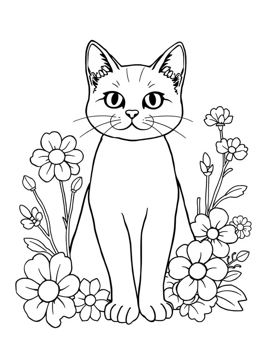 Create an adult coloring page with a cat and flowers around it