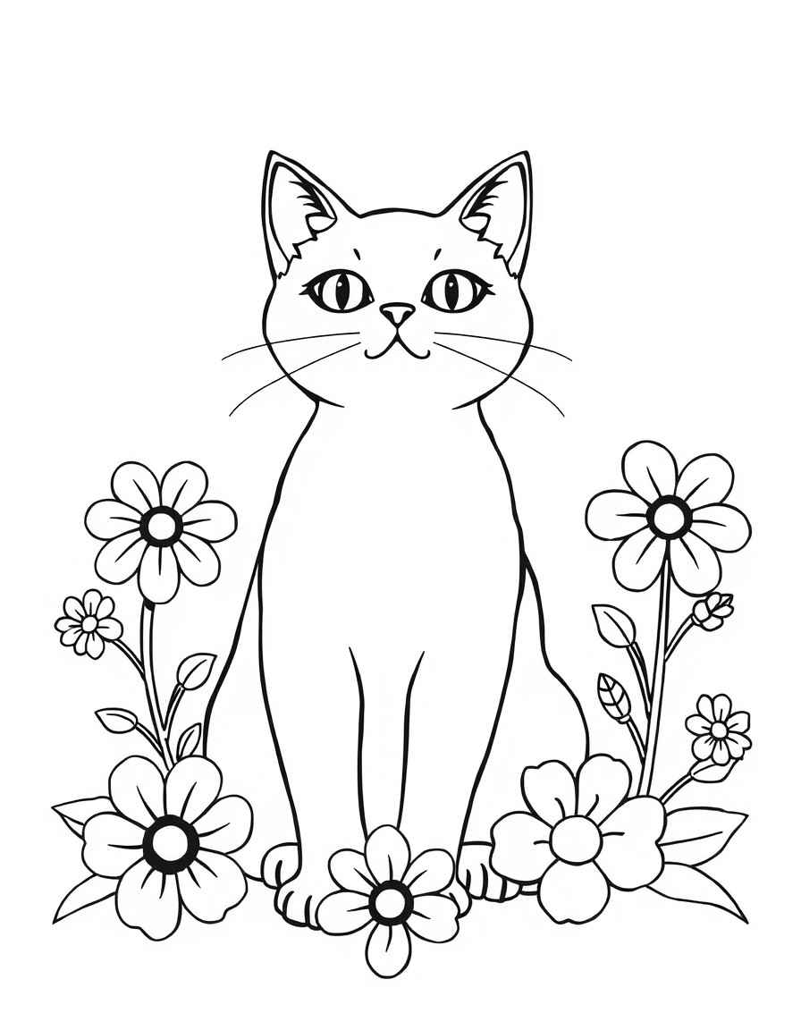 Create an adult coloring page with a cat and flowers around it