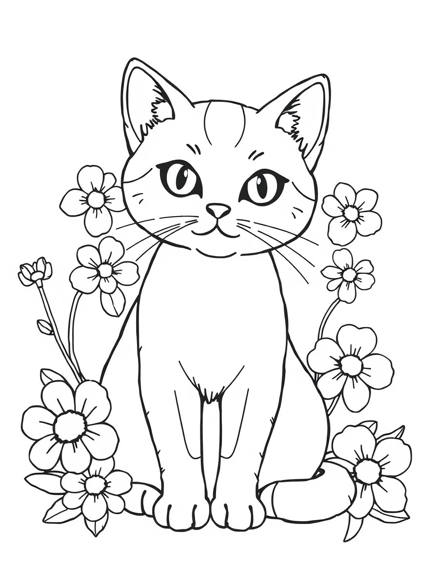 Create an adult coloring page with a cat and flowers around it