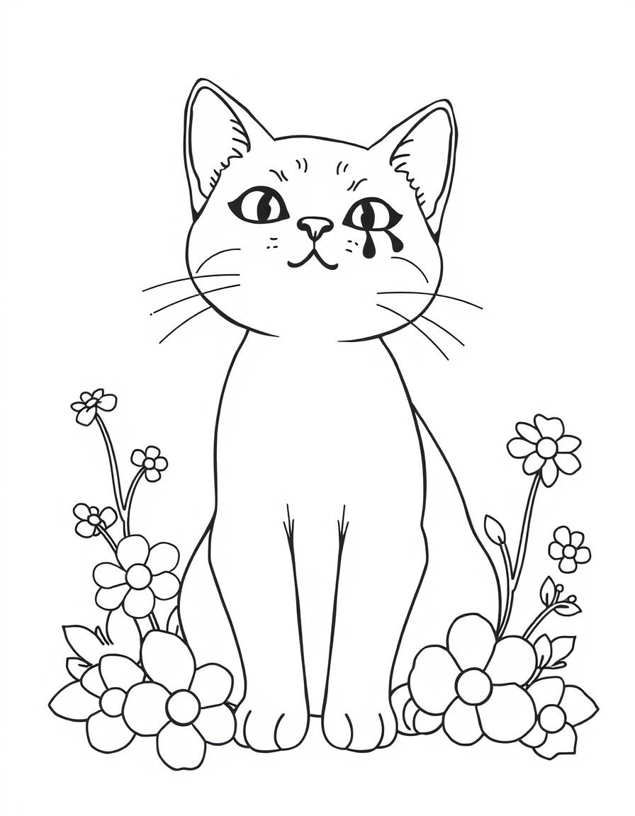 Create an adult coloring page with a cat and flowers around it