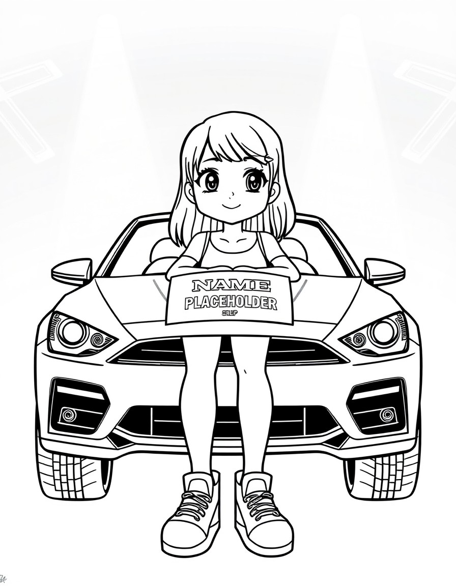 A girl parked under neon lights with a sleek logo on the hood that shows 'NAME_PLACEHOLDER'