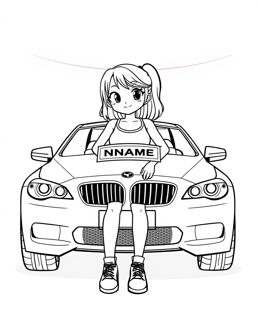 A girl parked under neon lights with a sleek logo on the hood that shows 'NAME_PLACEHOLDER'