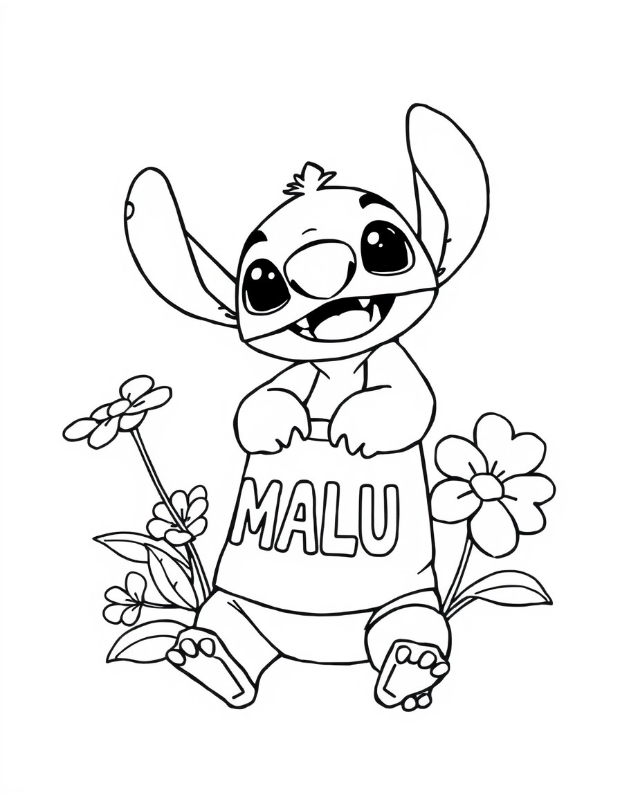 criar uma stich com flores em sua volta e com camiseta com a palavra MALU