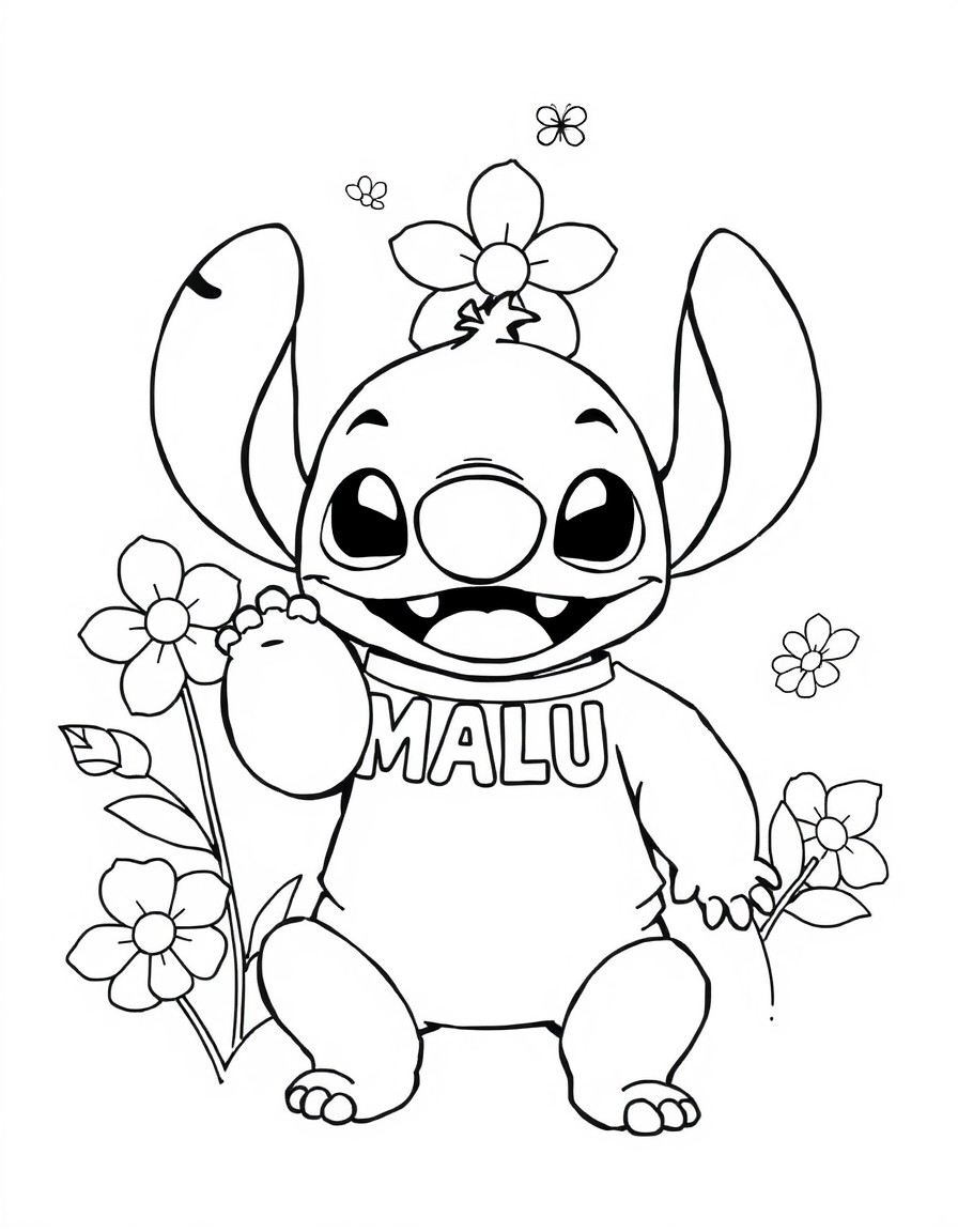 criar uma stich com flores em sua volta e com camiseta com a palavra MALU