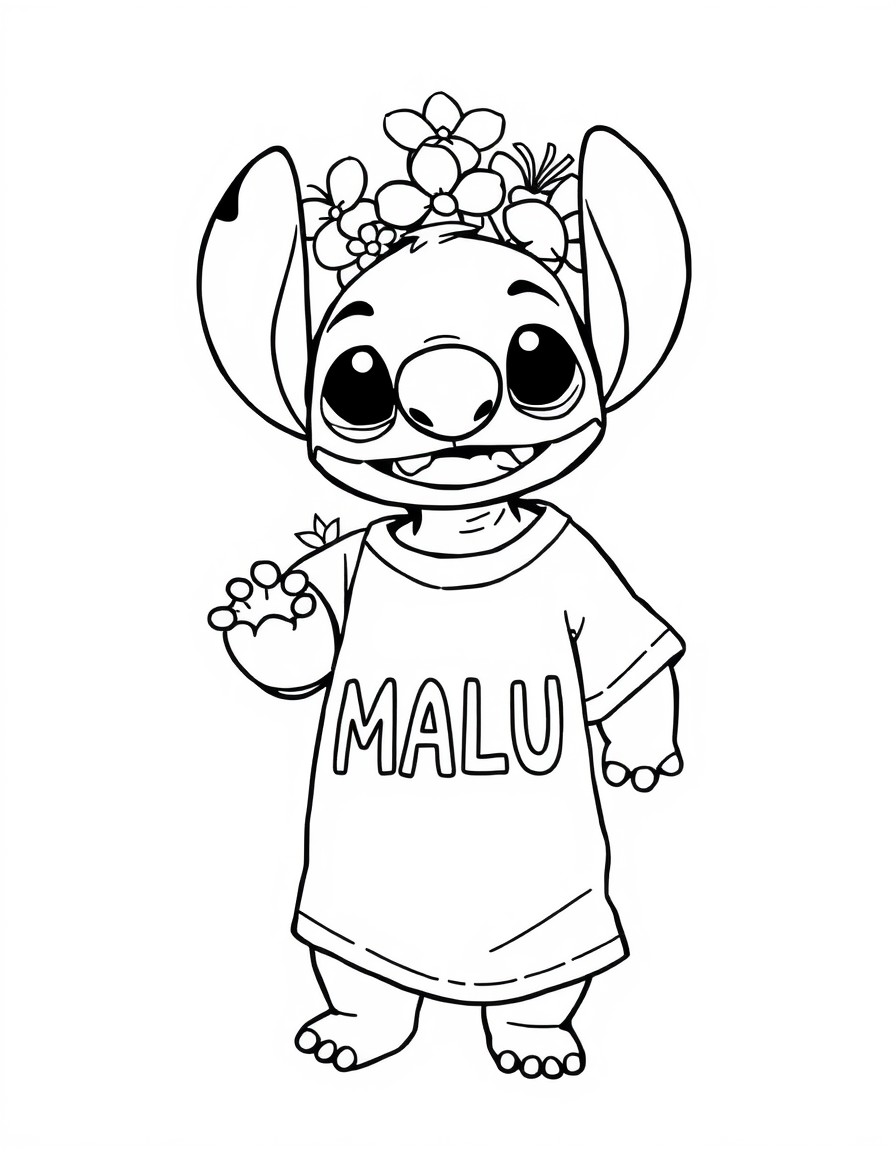 criar uma stich com flores em sua volta e com camiseta com a palavra MALU