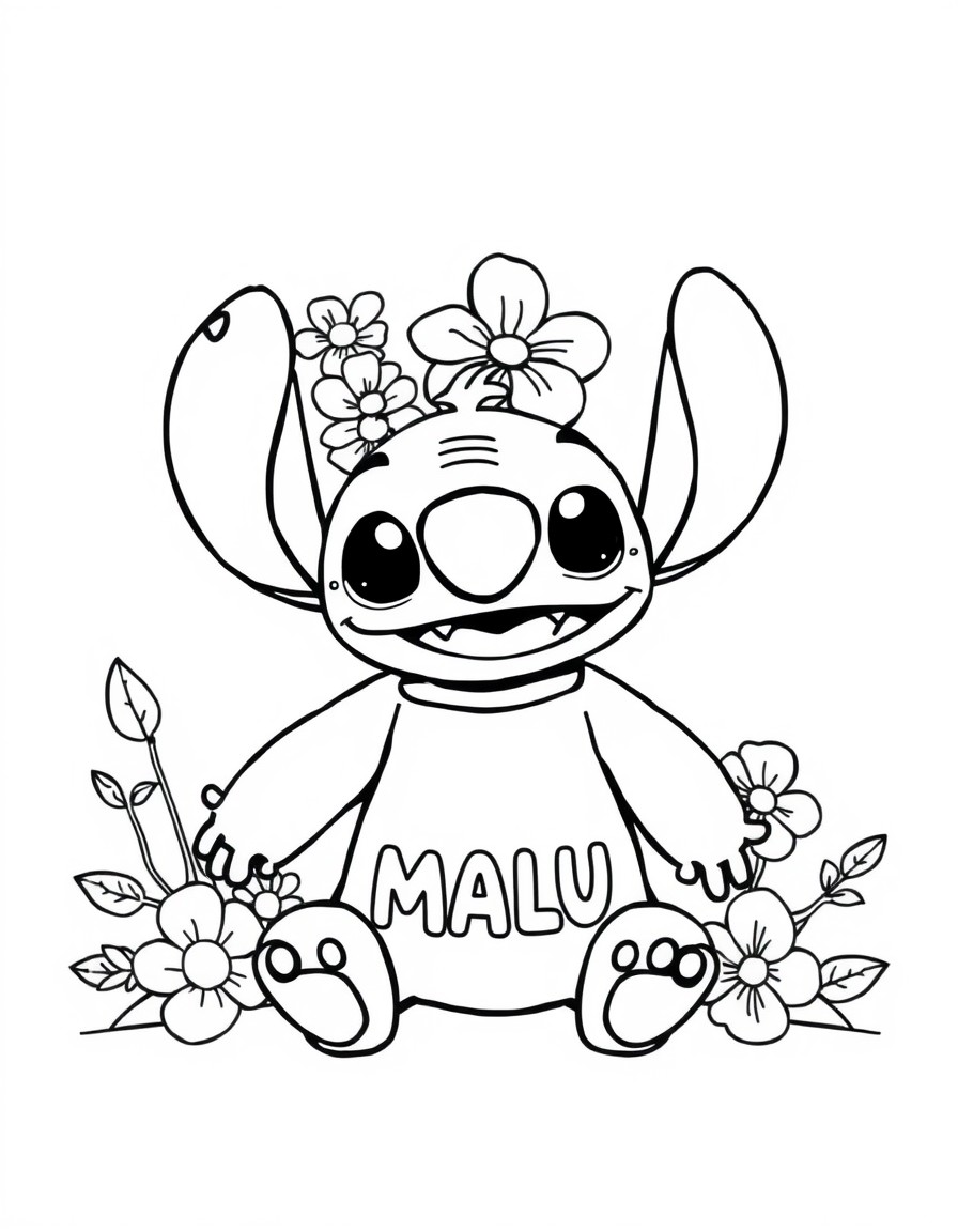 criar uma stich com flores em sua volta e com camiseta com a palavra MALU