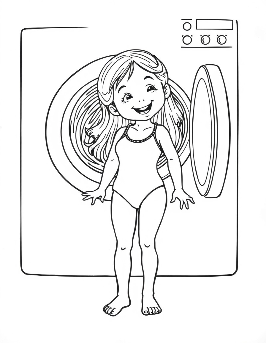 Girl happily watching her mothers one piece swimsuit shrink to her size in the dryer it