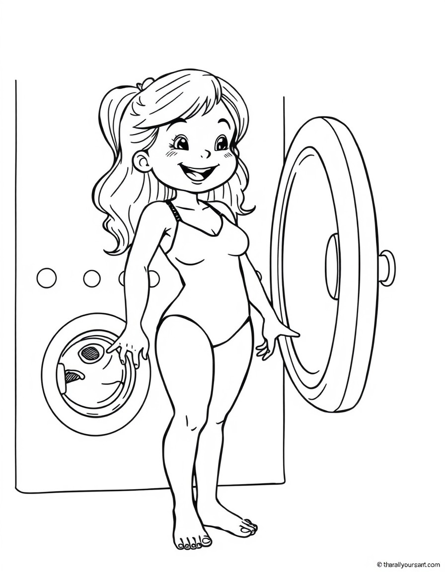 Girl happily watching her mothers one piece swimsuit shrink to her size in the dryer it