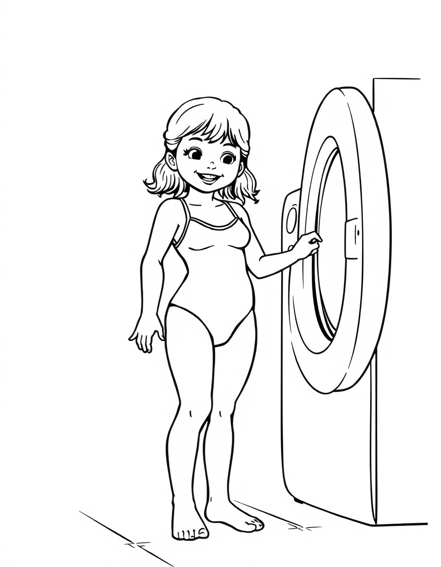 Girl happily watching her mothers one piece swimsuit shrink to her size in the dryer it