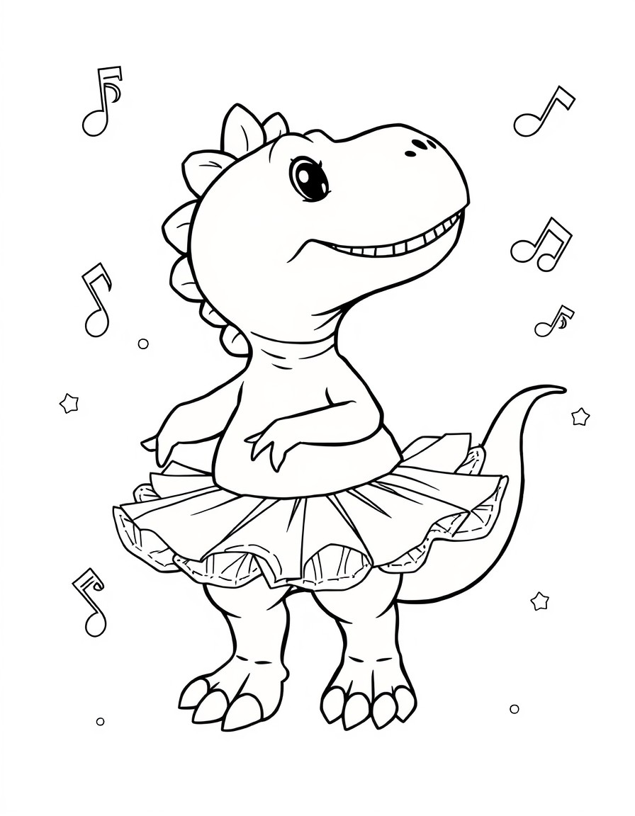 A baby dinosaur practicing ballet with sparkly tutus and musical notes