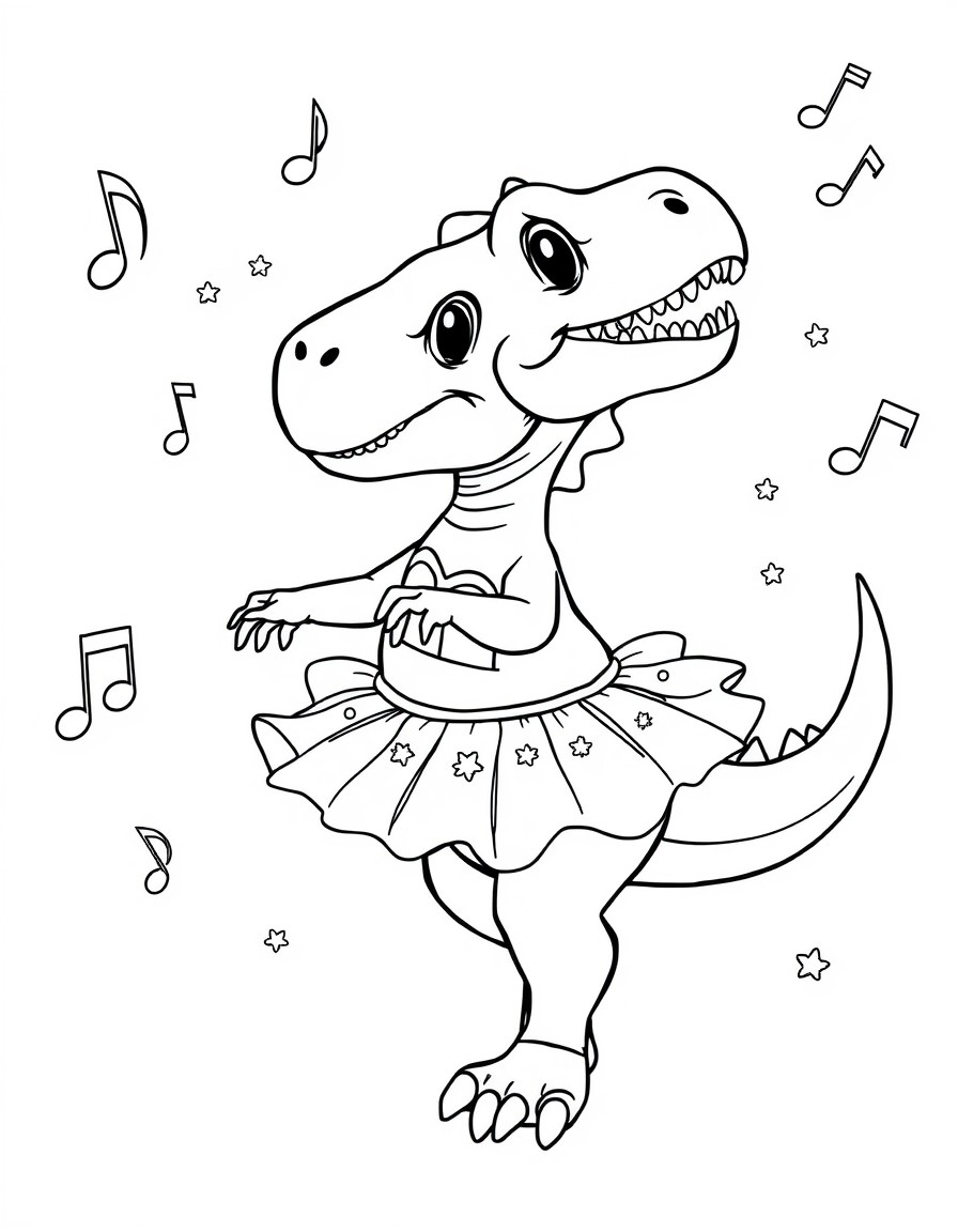A baby dinosaur practicing ballet with sparkly tutus and musical notes