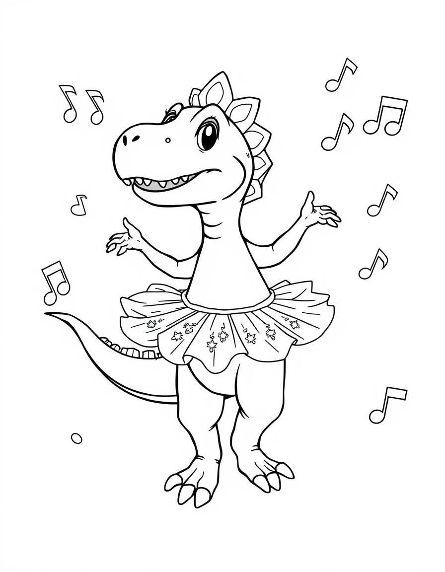 A baby dinosaur practicing ballet with sparkly tutus and musical notes