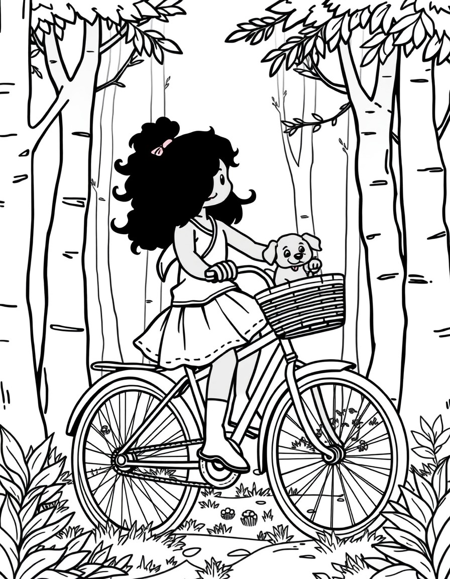 a Black girl riding on her bike through the woods with a basket on the back and a puppy inside the basket