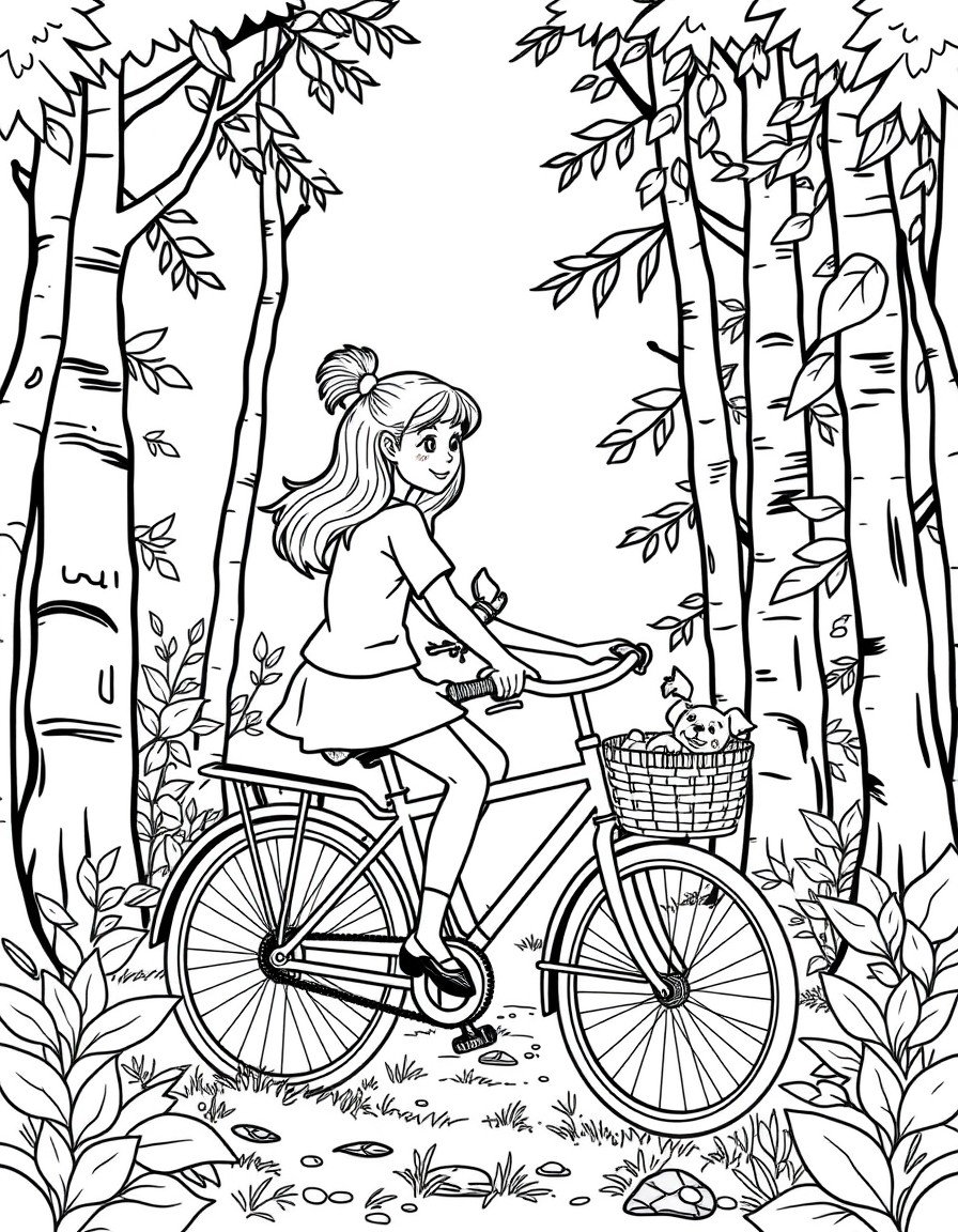 a Black girl riding on her bike through the woods with a basket on the back and a puppy inside the basket