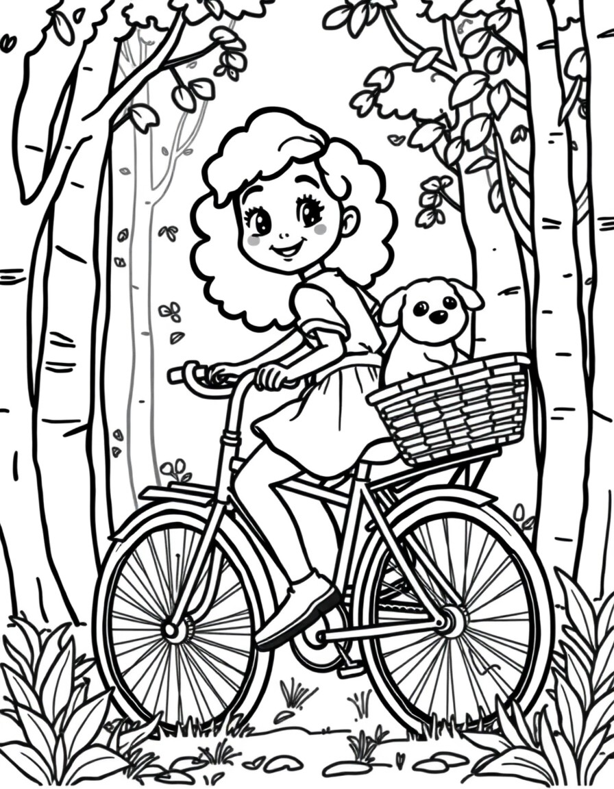 a Black girl riding on her bike through the woods with a basket on the back and a puppy inside the basket