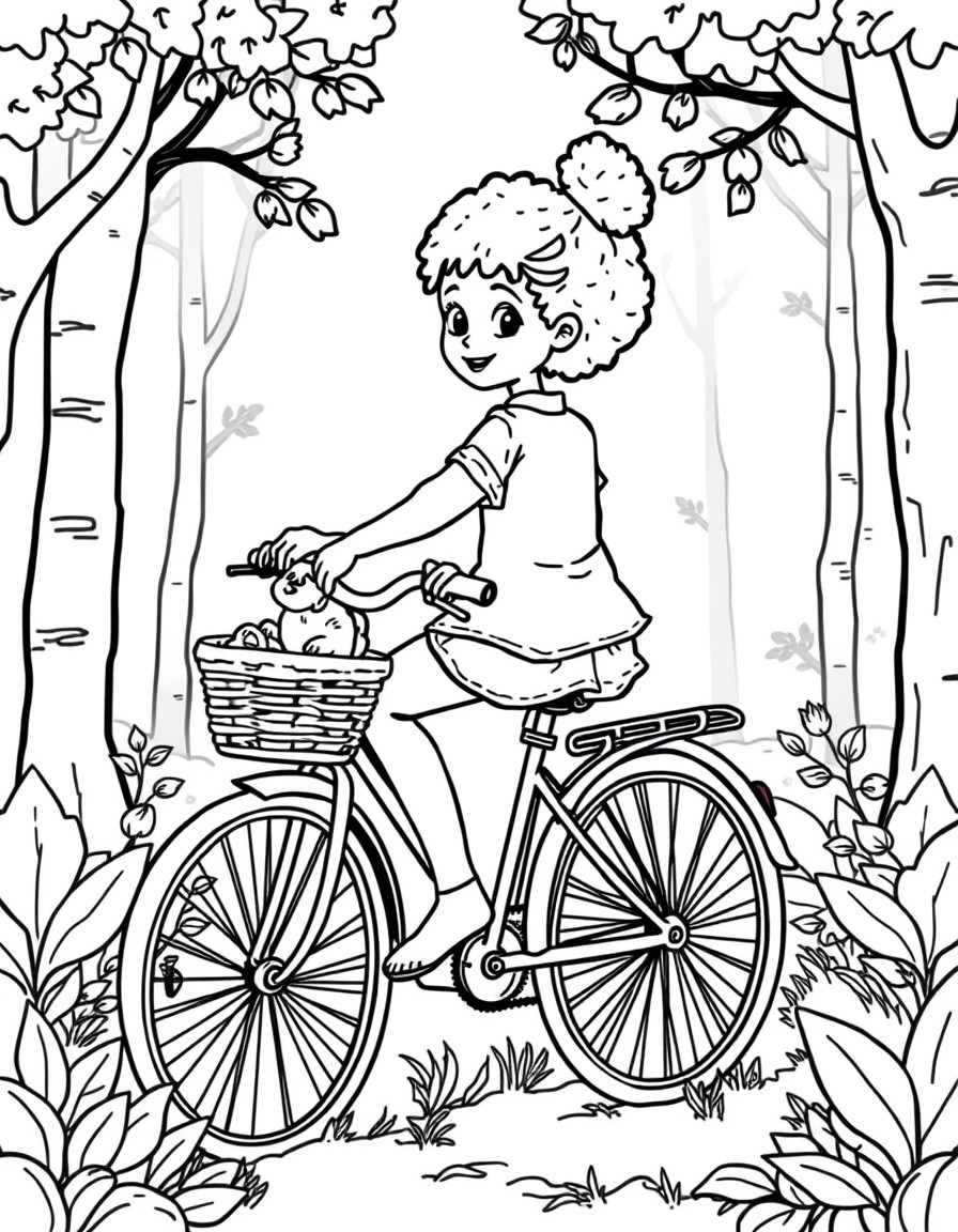 a Black girl riding on her bike through the woods with a basket on the back and a puppy inside the basket