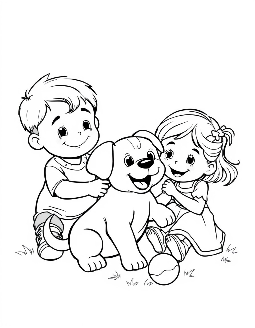 puppy playing with a little boy and girl