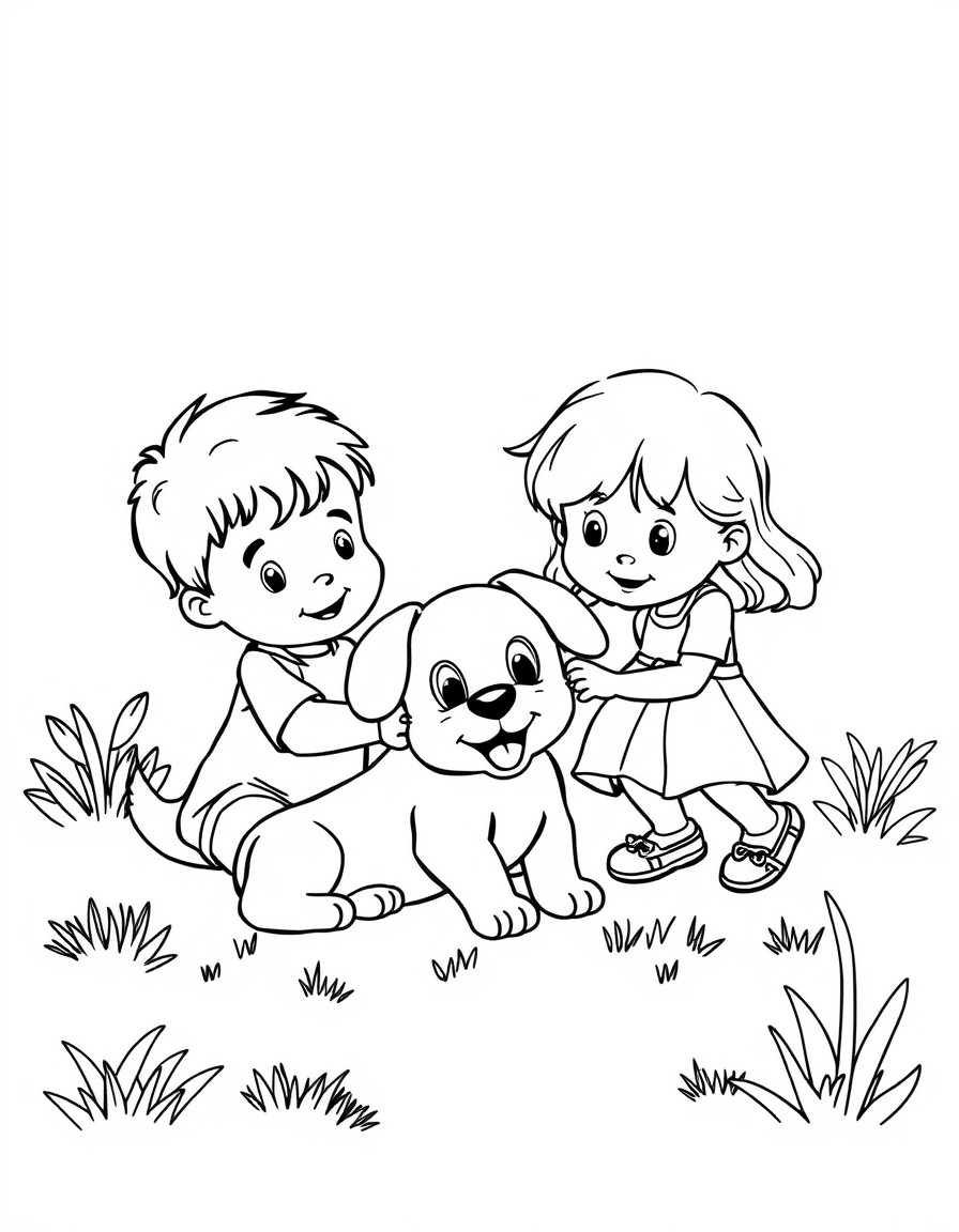 puppy playing with a little boy and girl